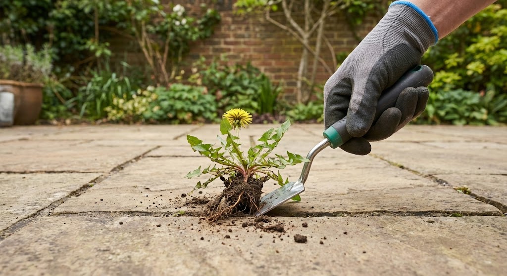 Hand removing dandelion from patio joint using a weeding knife without chemicals