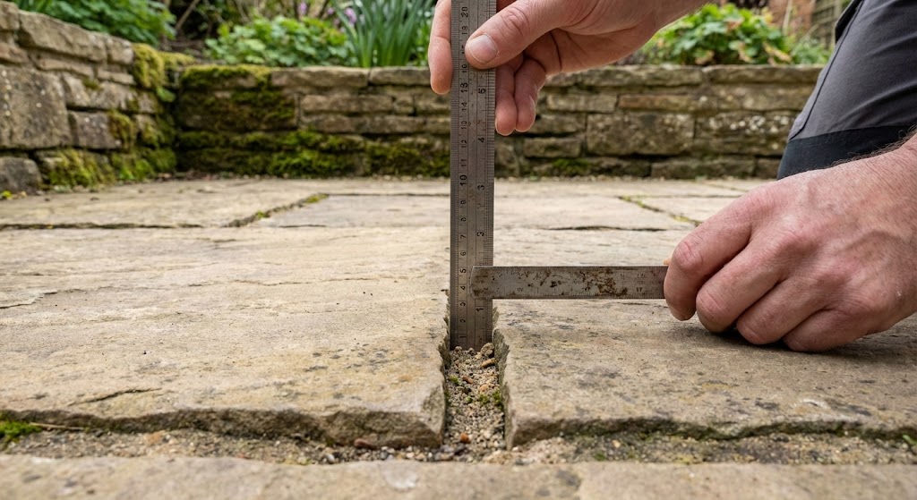 Rainwater pooling on patio slabs showing surface drainage issues