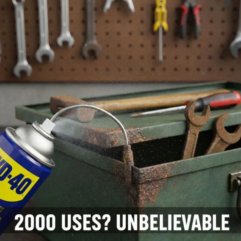 Multi-Use WD-40 | 2000 Uses and Counting – What Can’t it Do? WD-40 being sprayed onto a rusty toolbox hinge in a workshop, with tools hanging on a pegboard in the background and overlay text reading “2000 Uses? Unbelievable”.
