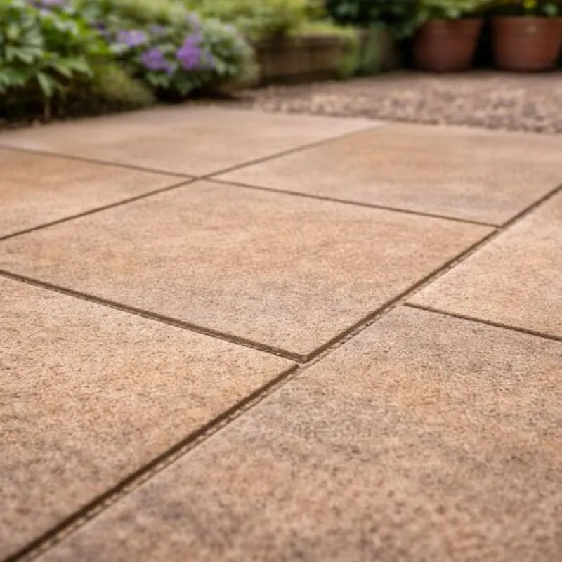 Natural stone patio slabs with evenly filled joints and garden planting in the background