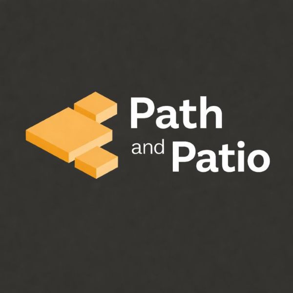 Path & Patio logo featuring gold paving slabs icon on a dark background