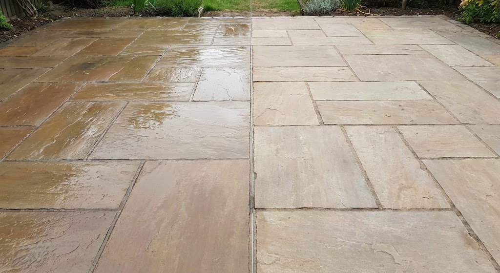 Before and after patio comparison showing improved surface and joint condition