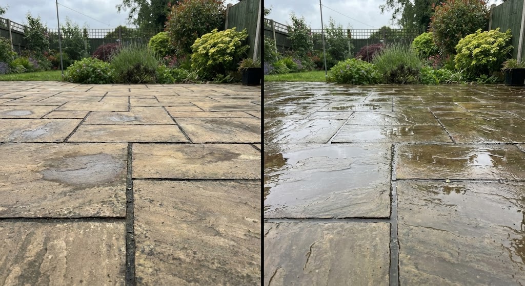 Comparison showing water absorption with penetrating sealer versus water beading on film-forming sealed patio surface