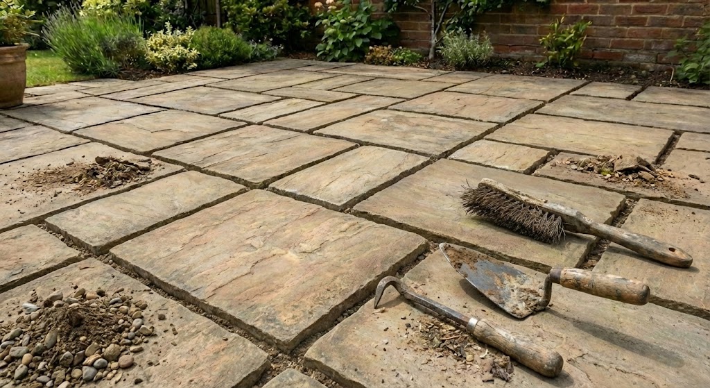 Joint preparation tools and brush laid on patio slabs before repointing