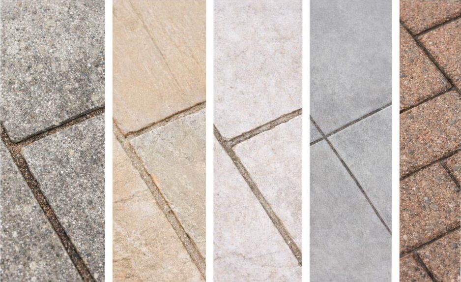 Close-up strip showing different patio paving surfaces and joint lines