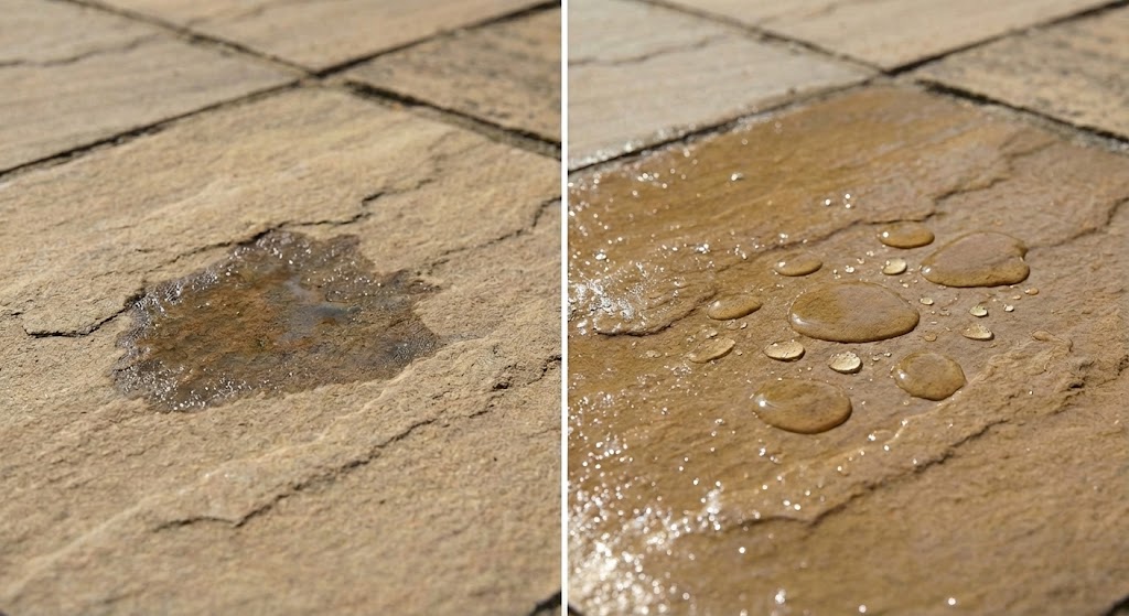 Comparison showing water absorption with penetrating sealer versus water beading on film-forming sealed patio surface