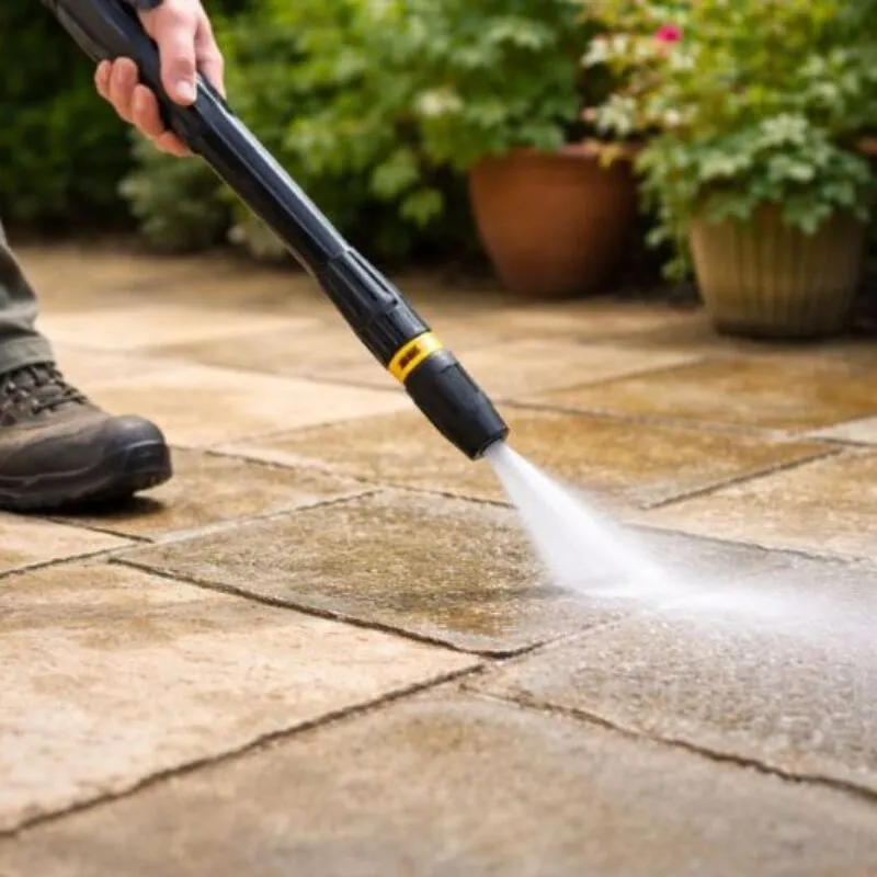 Person using a pressure washer lance to clean patio slabs with garden pots in the background