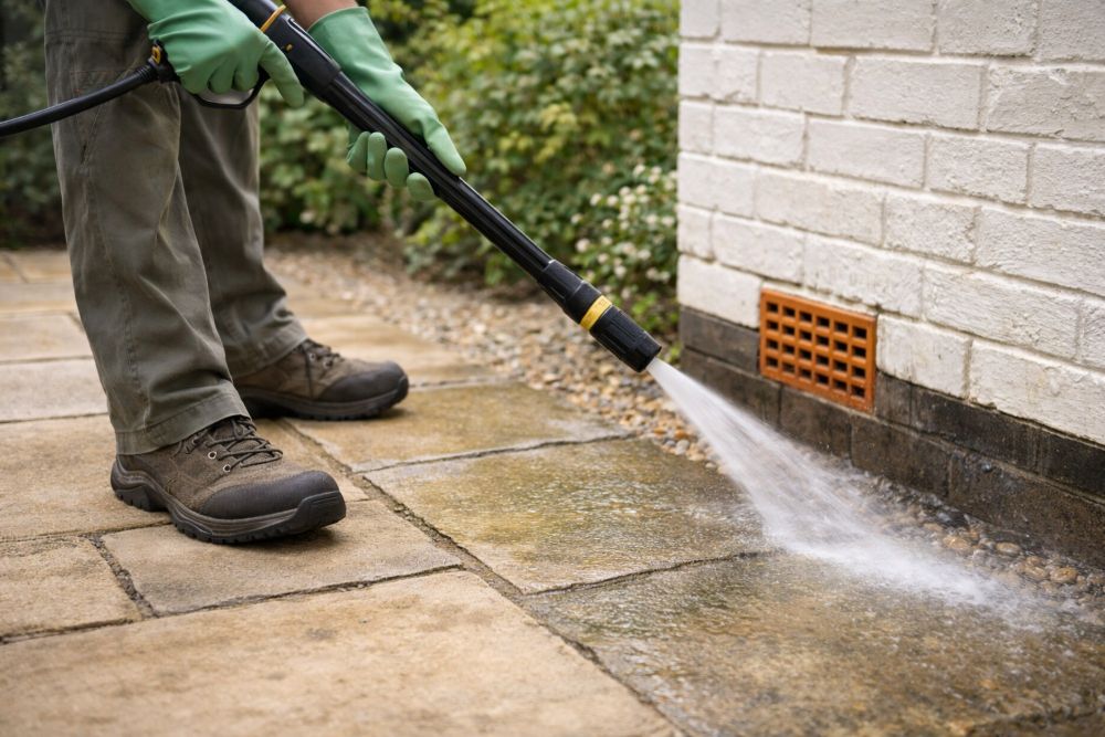 Pressure washing patio slabs next to a house wall with an air brick vent