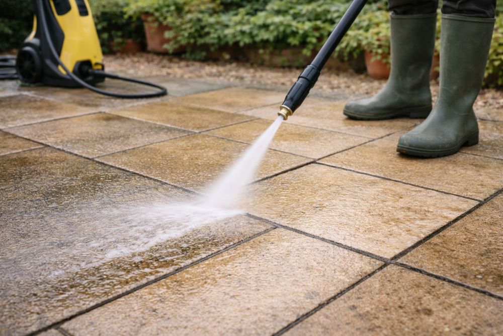 Pressure washing patio slabs with a pressure washer unit visible in the background