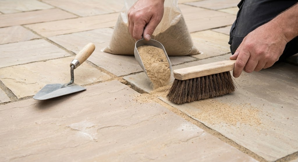 Brushing kiln-dried sand into clean patio joints to reduce weed regrowth