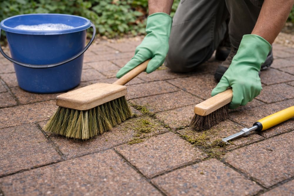 Scrubbing moss from patio joints using two hand brushes beside a bucket