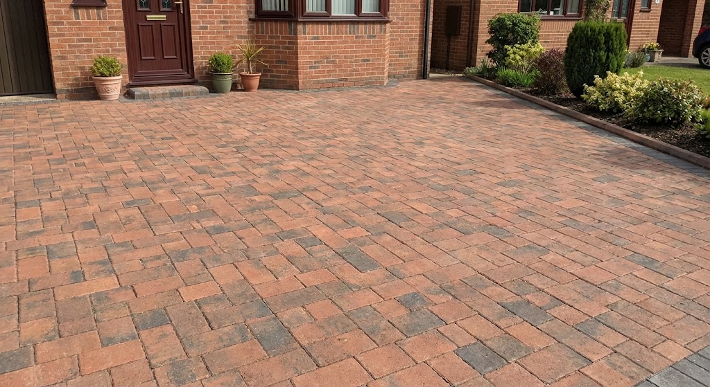 Block paving driveway after sealing with even finish and settled joint lines