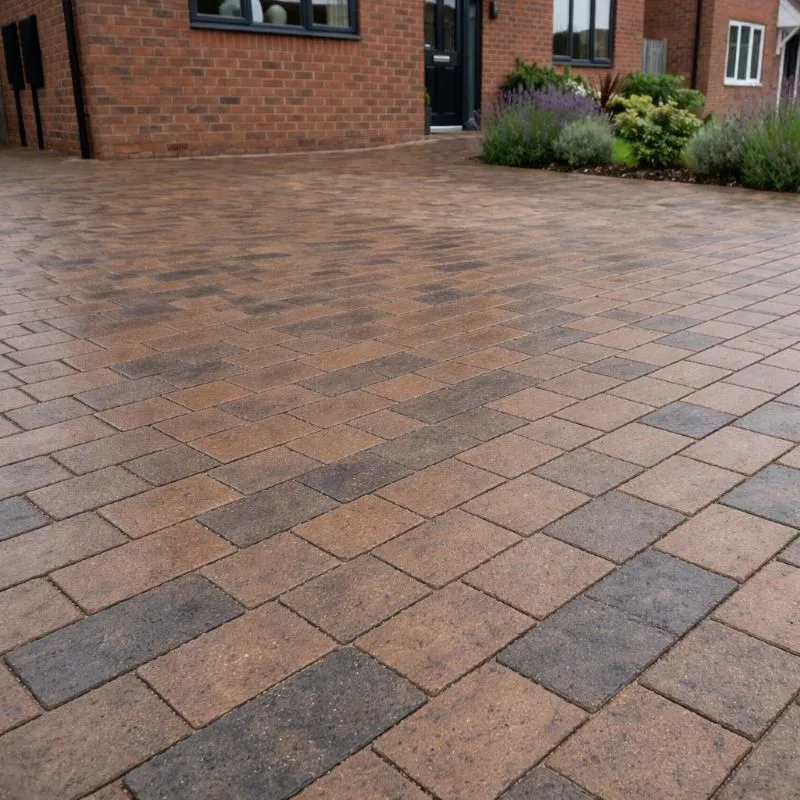 Sealed block paving driveway with even finish and restored colour in UK residential setting