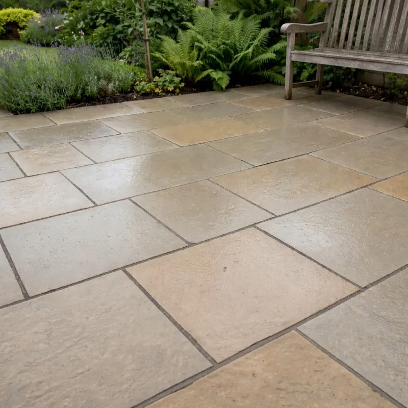 Sealed sandstone patio with even natural finish and clean joint lines