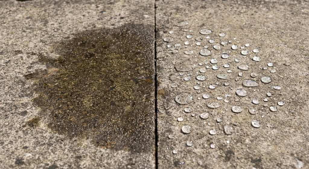 Comparison of unsealed concrete absorbing water versus sealed surface showing water beading