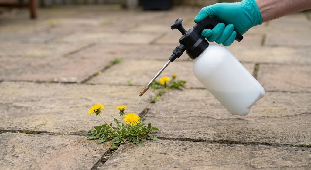 Spot application of weedkiller to dandelion growing in patio joint using hand sprayer