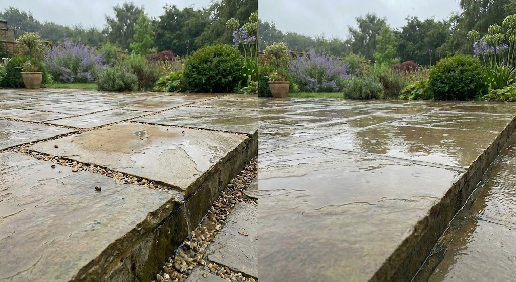 Rainwater pooling on patio slabs showing surface drainage issues