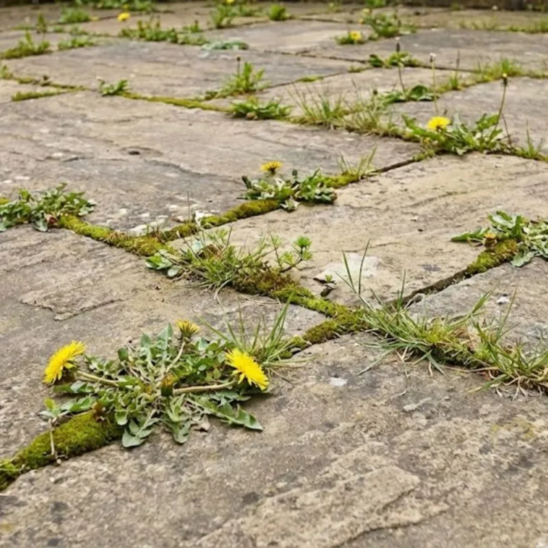 Weeds and moss growing between patio slabs due to failed or unmaintained joints
