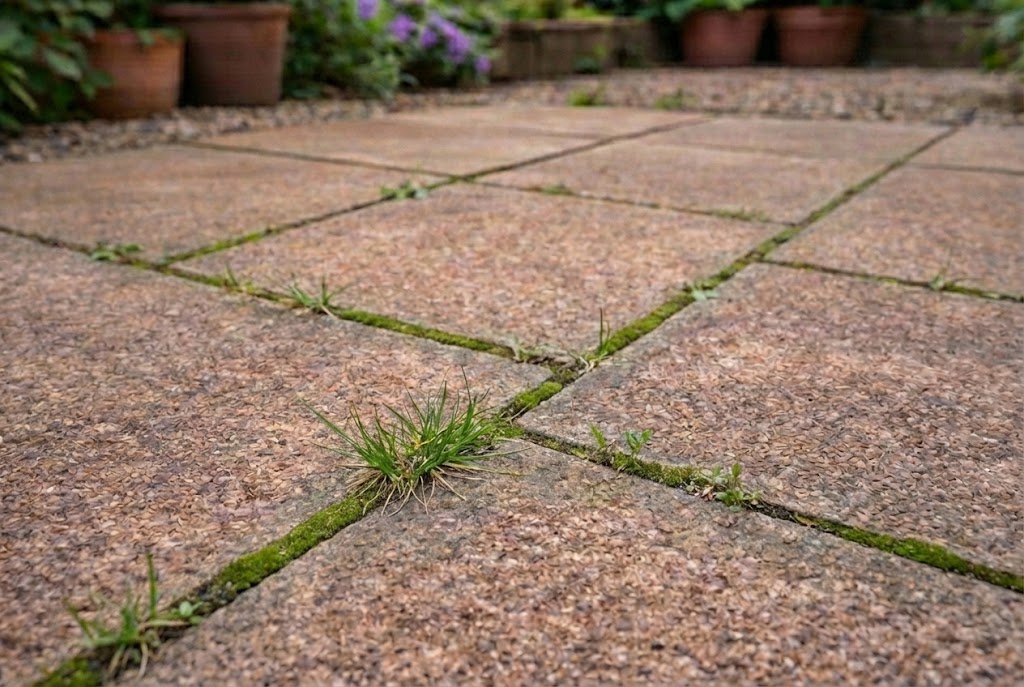 Weeds and grass growing between patio slab joints