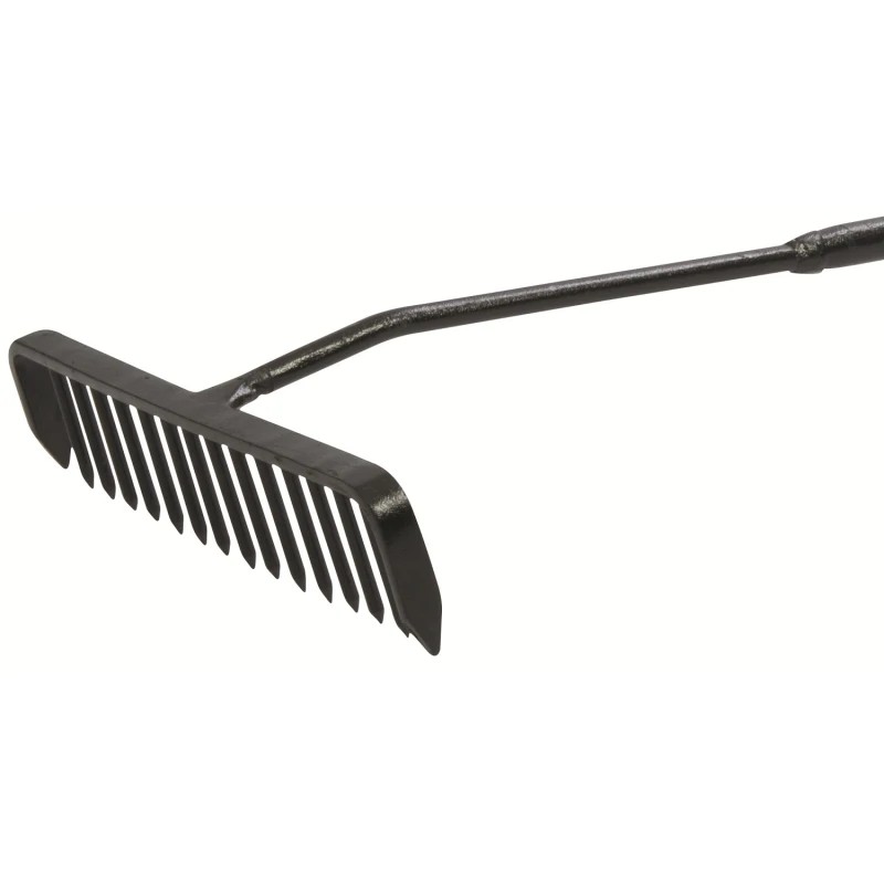 Close-up of Amtech tarmac rake head with flat tines for controlled levelling