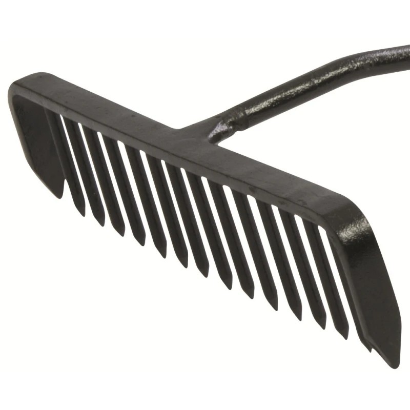 Close-up of Amtech asphalt and tarmac rake head with flat tines for levelling aggregate