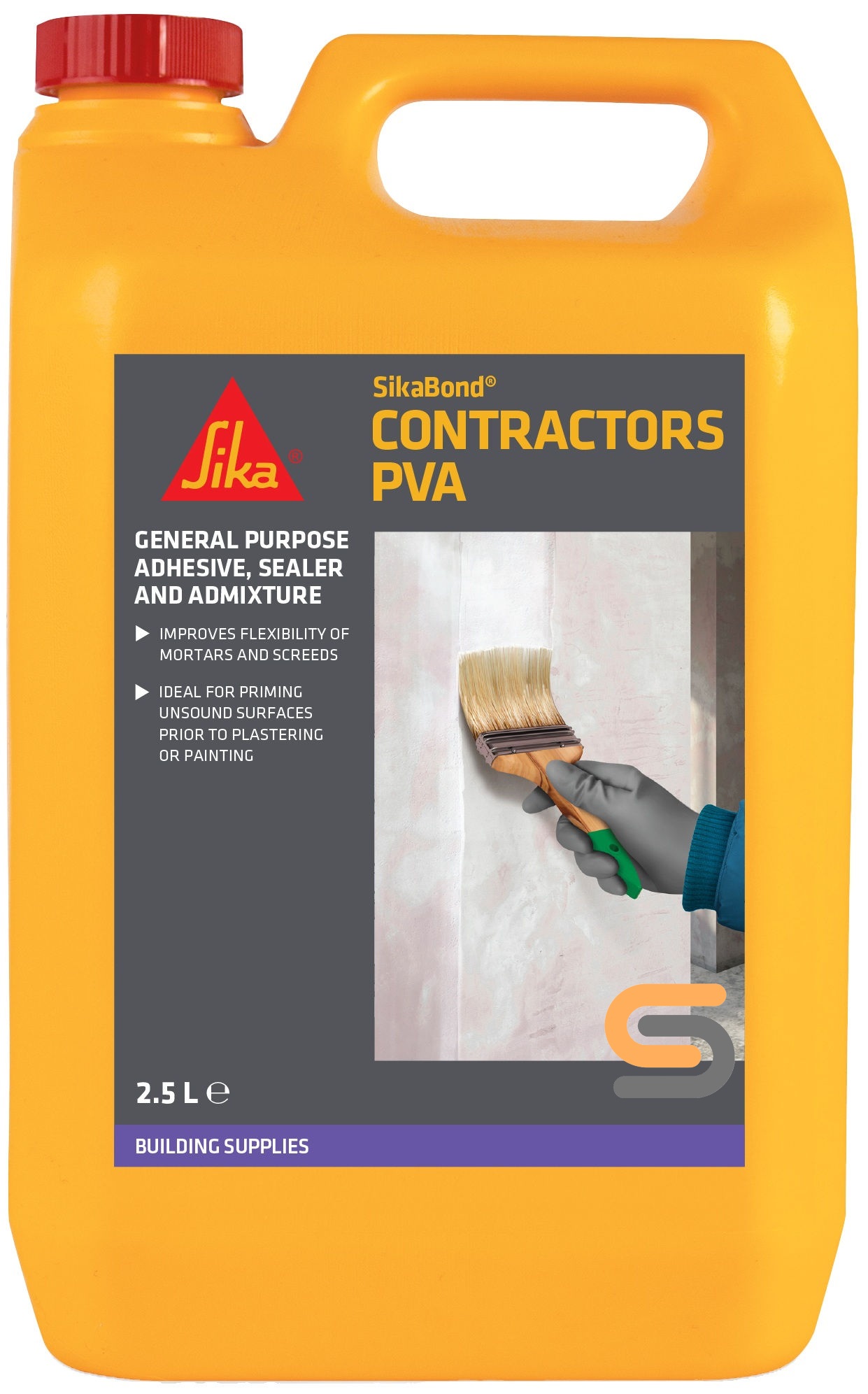 SikaBond Contractors PVA 2.5L container used for priming, bonding, and sealing surfaces before plastering or painting