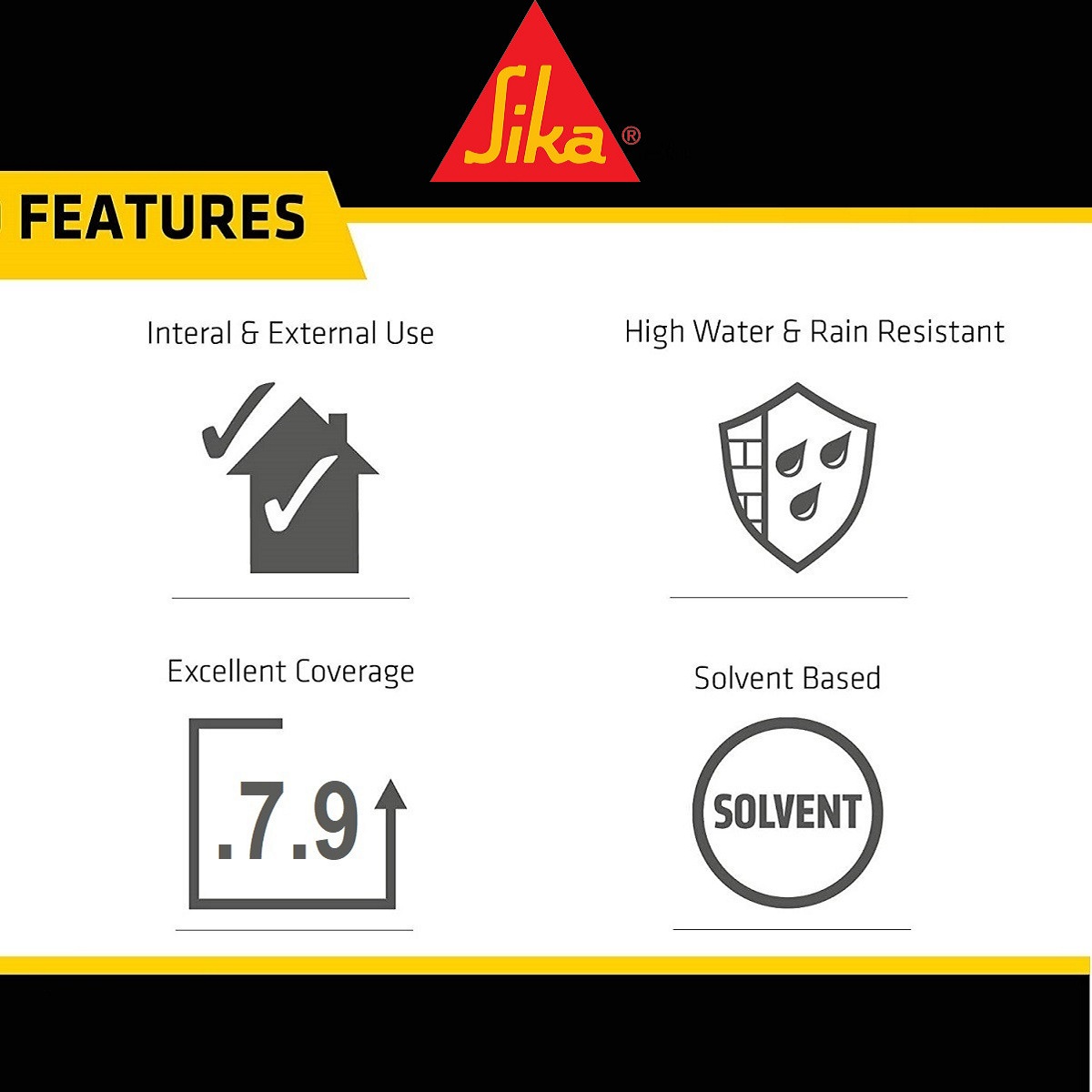 Sika Black Jack 904 Bitumen Roof Felt Adhesive features showing internal and external use, rain resistance, coverage and solvent-based formula