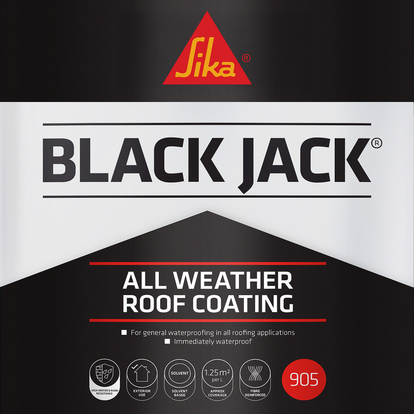 Close-up of Sika Black Jack 905 All Weather Roof Coating label showing high water resistance, exterior use and fibre reinforced formula