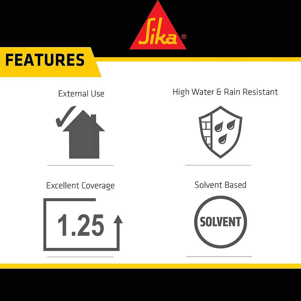 Sika Black Jack 905 roof coating features showing external use, rain resistance, coverage and solvent based formula