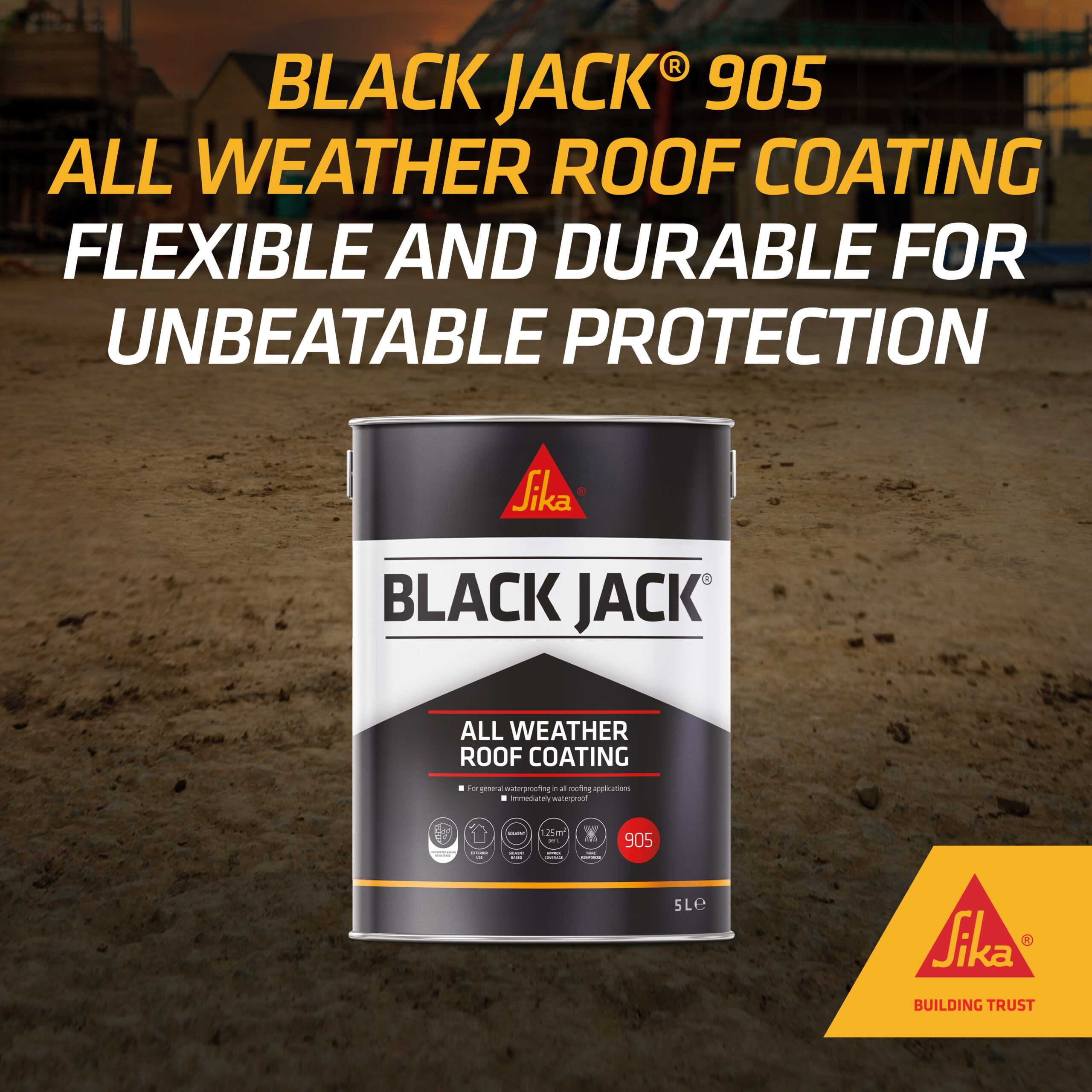 Sika Black Jack 905 All Weather Roof Coating 5L tin with flexible durable roof protection graphic