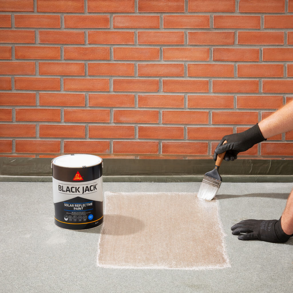 Sika Black Jack 907 Solar Reflective Paint being applied by brush to a flat roof surface