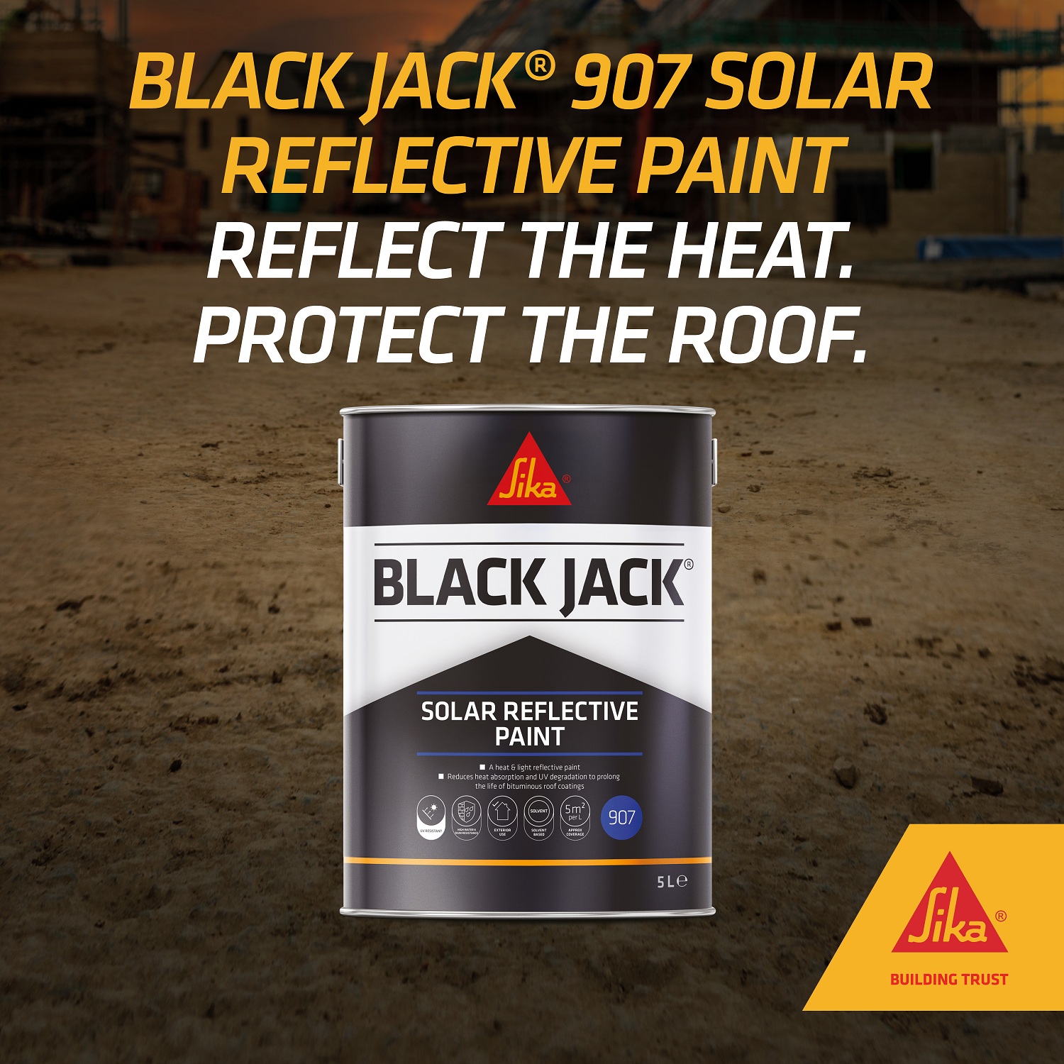 Sika Black Jack 907 Solar Reflective Paint 5 litre tin with heat reflective roof protection message