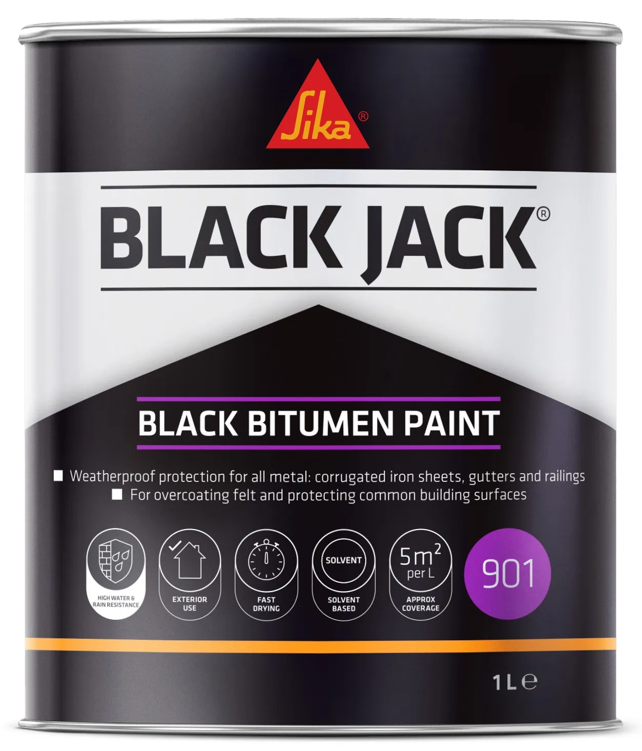 Sika 901 Black Jack Black Bitumen Paint 1 Litre Sika Black Jack 901 Solvent-Based Black Bitumen Paint 1 Litre 90101 852657