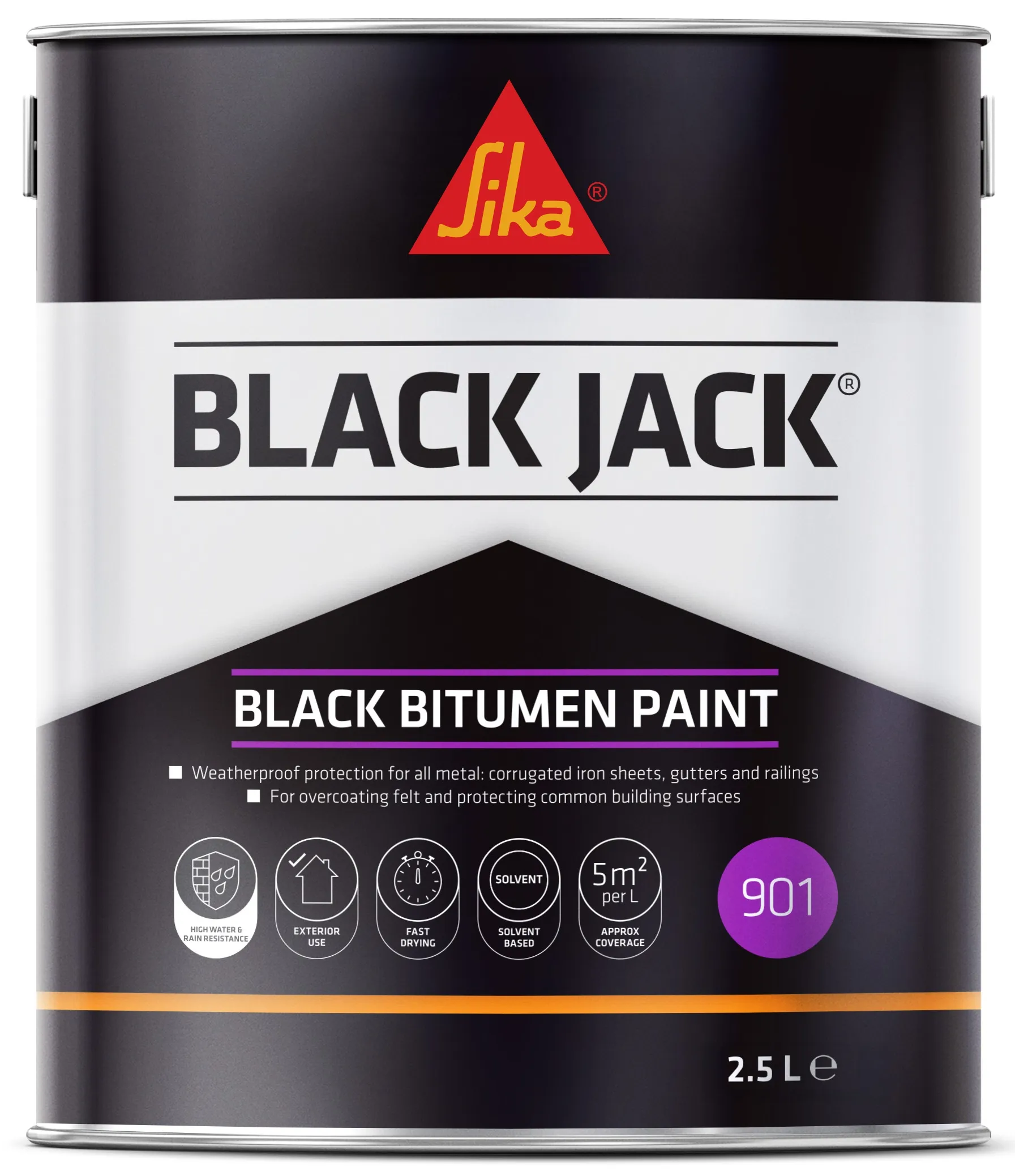 Sika Black Jack 901 Black Bitumen Paint 2.5 Litre Sika Black Jack 901 Solvent-Based Black Bitumen Paint 2.5 Litre 486938 90102