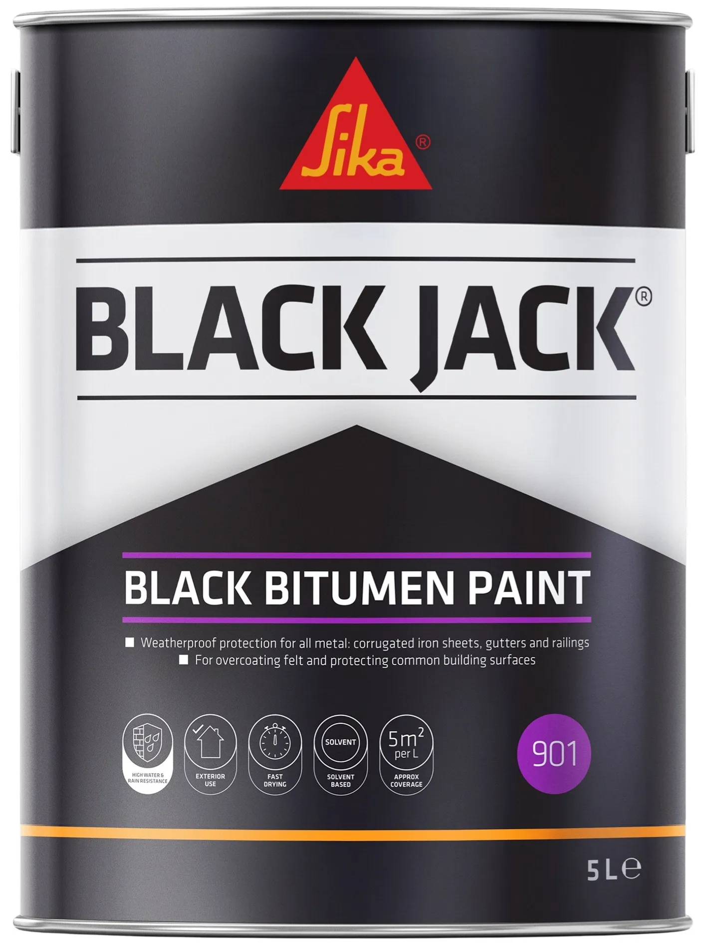 Sika Black Jack 901 Black Bitumen Paint 5 Litre Sika Black Jack 901 Solvent-Based Black Bitumen Paint 5 Litre 90105 852659