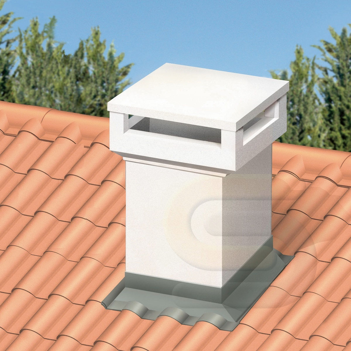 Roof chimney flashing detail around a tiled roof