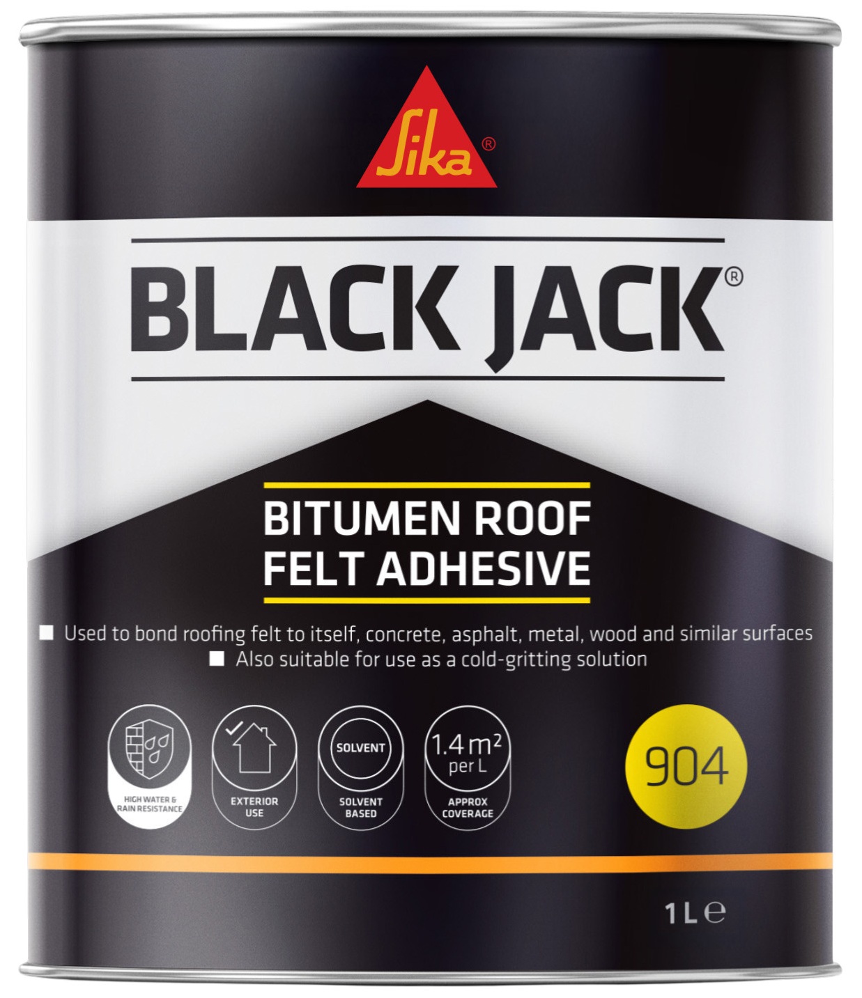 Sika Black Jack 904 Bitumen Roof Felt Adhesive 1L tin for small roof felt repairs and lap sealing.