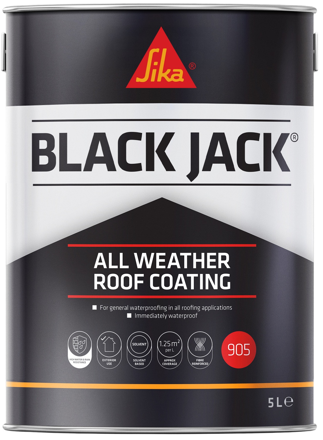 Sika Black Jack 905 All Weather Roof Coating 5L tin with fibre-reinforced black bitumen roof coating