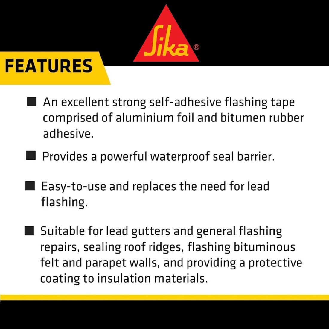 Sika Black Jack Flashing Tape features including waterproof seal and lead flashing replacement