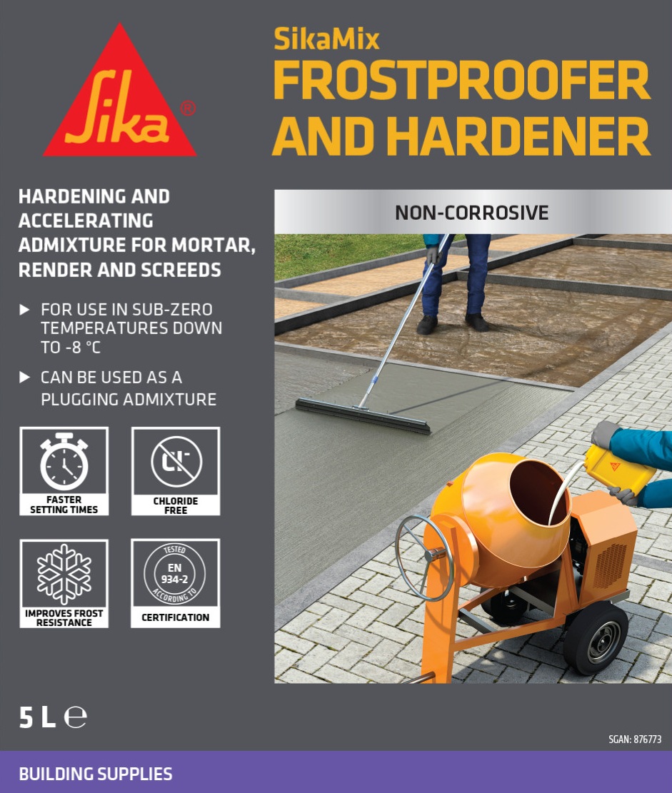 Sika SikaMix Frostproofer and Hardener 5L concrete admixture for mortar, screed and render, shown being applied to a surface with a mixer and smoothing tool