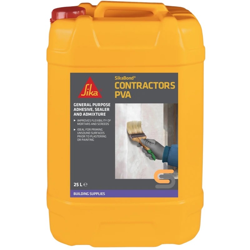 SikaBond Contractors PVA 25L container for bonding, sealing, and improving adhesion in mortar and plaster applications