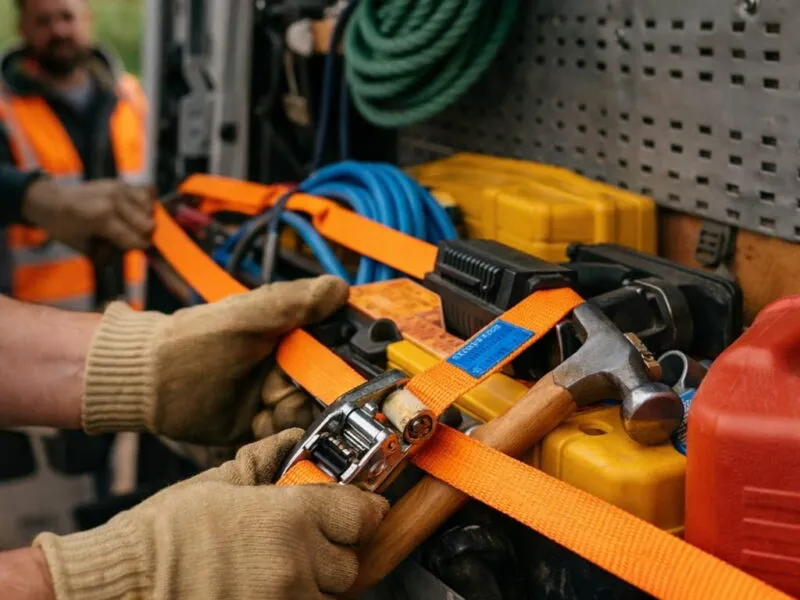 Securing Tools with Ratchet Strap for Site Transport Site Tools and Accessories