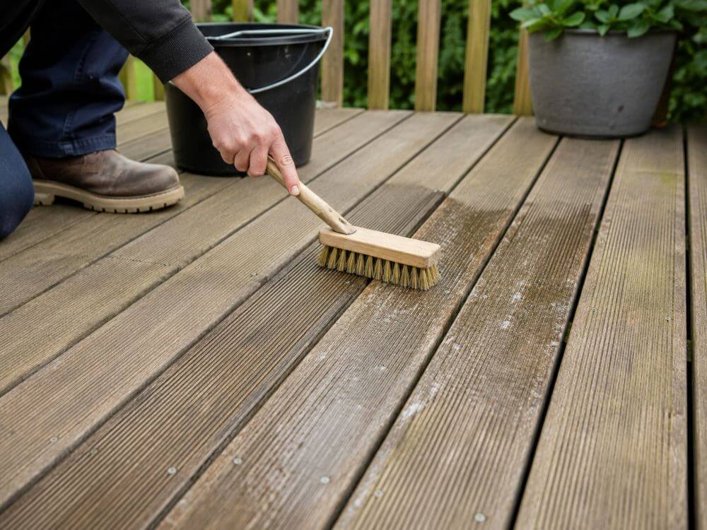 Applying decking cleaner with a brush along the board direction