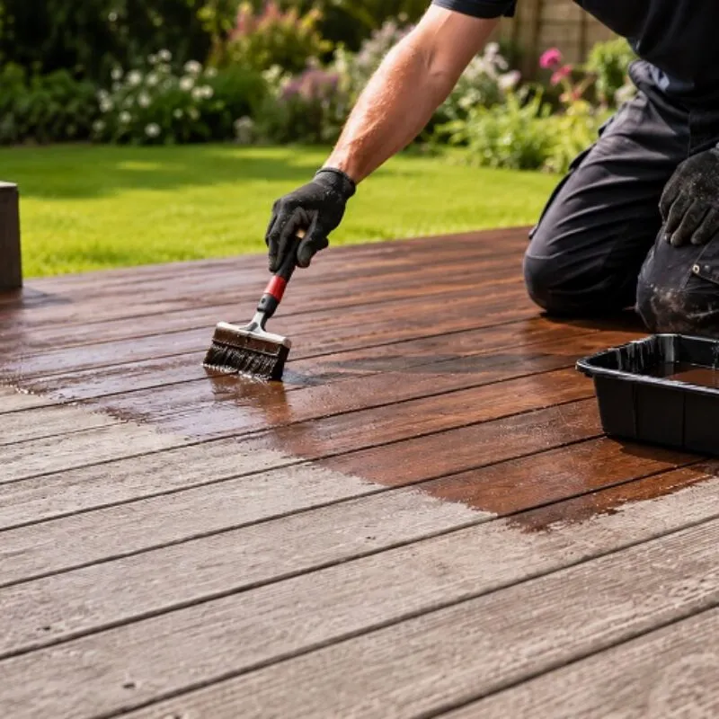 Person applying decking stain to weathered timber boards with a brush on a garden deck