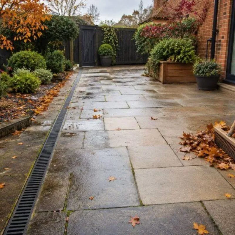 Autumn patio with leaves, broom and drainage channel before winter surface cleaning