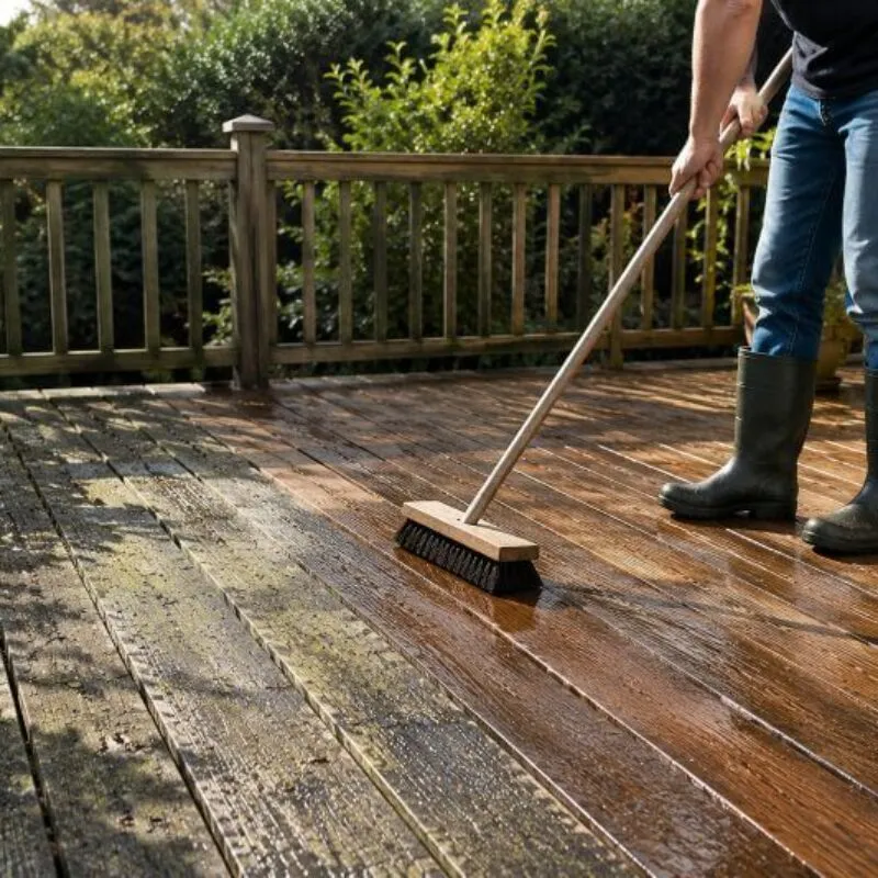 Cleaning wooden decking with a brush to remove moss and dirt