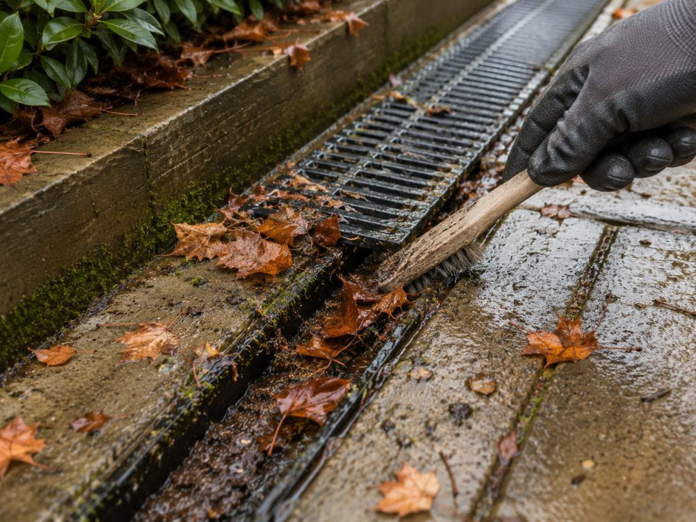Clearing leaves and debris from a patio drainage channel