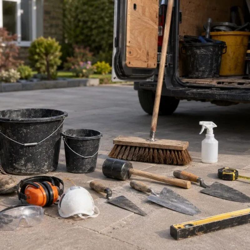 Paving and landscaping contractor tools laid out on a patio beside an open work van, including buckets, brushes, trowels, safety gear, boots, spirit level, tape measure and paving slabs.