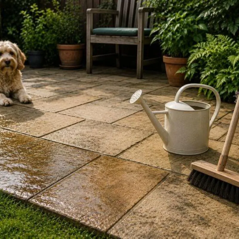 Pet-aware patio cleaning with a dog kept away from the wet paving