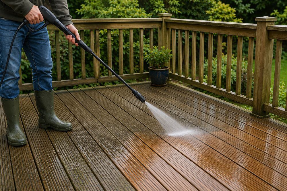 Pressure washing decking carefully with the lance kept away from the boards